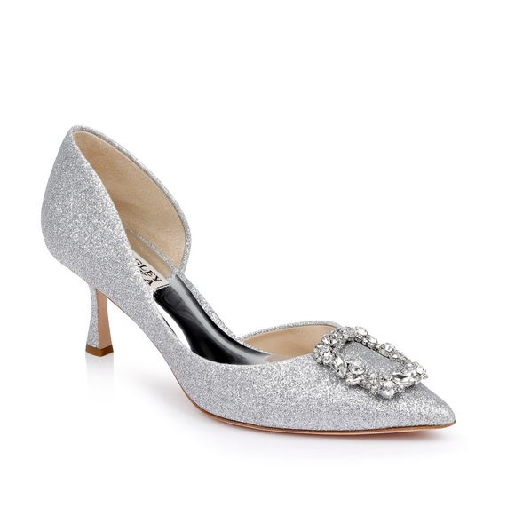 Badgley Mischka Fabia II Kitten Heels Crystal Buckle Pointed Toe Silver Shoes 7 - Picture 3 of 16